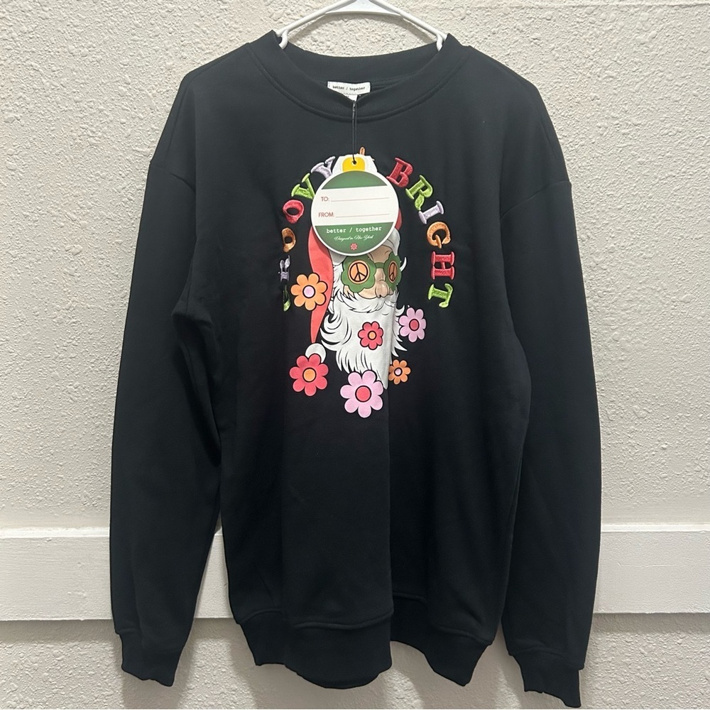 Better/Together Groovy & Bright Santa Print Black Sweatshirt Size M NWT (Flaw)